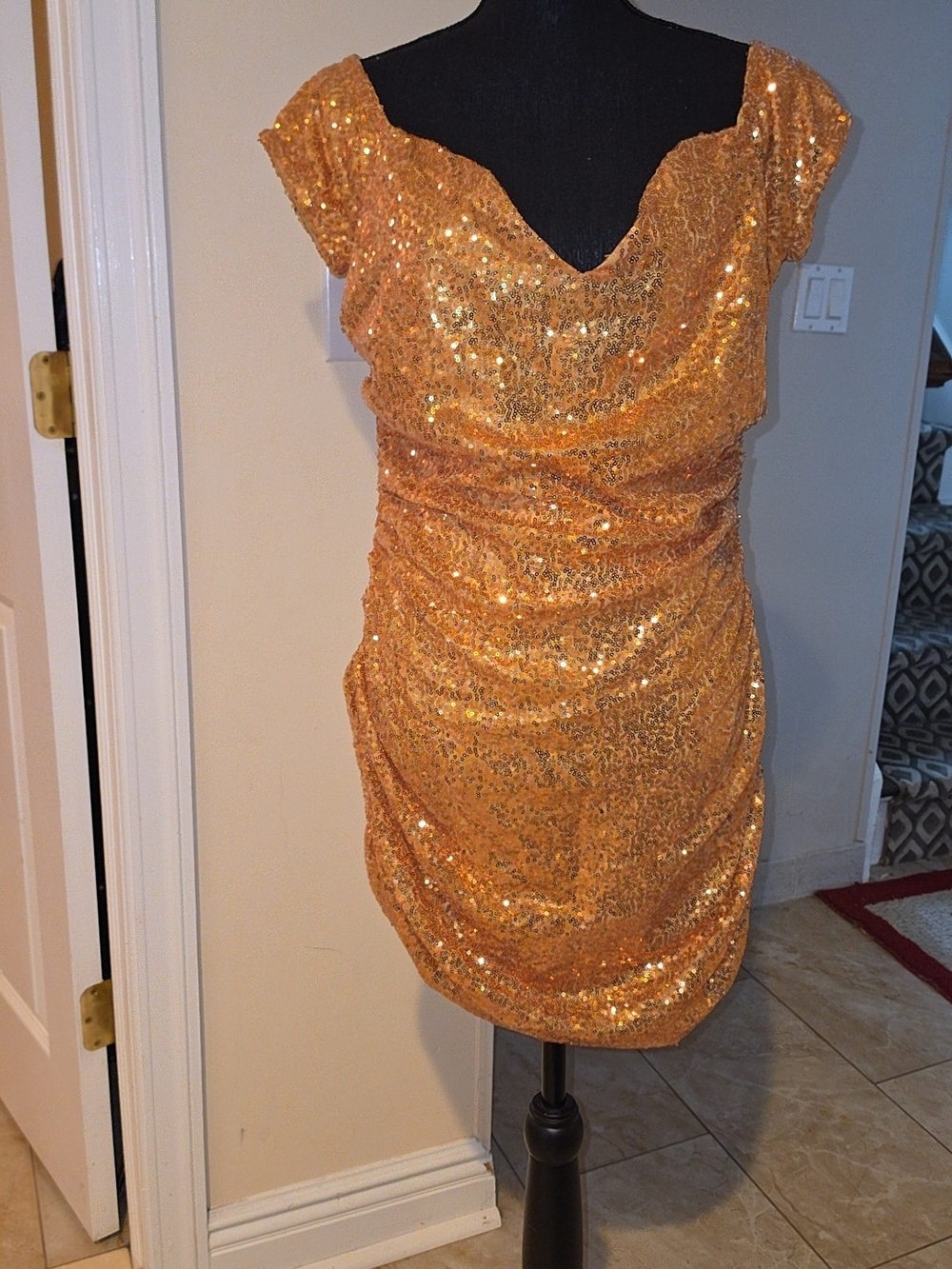 Sequin Cowl Neck Orange/ Gold Party Dress